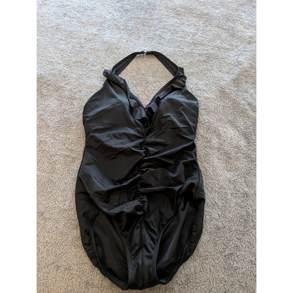 Lands End Black Ruffle Halter One Piece Swimsuit Tummy Control Ruched Size 12